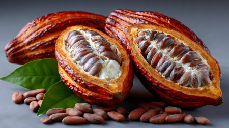 Ripe cacao pods, split open, showing fresh beans surrounded by white pulp and dried cocoa beansの素材
