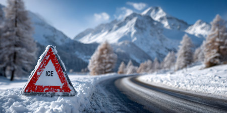 Ice warning sign standing on a snow covered mountain road in cold winter conditionsの素材