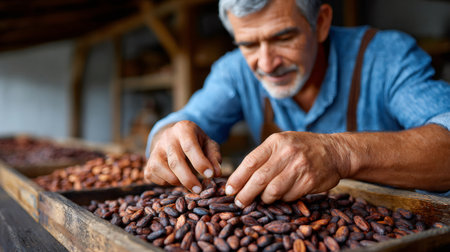 Farmer hands inspecting dried fermented cacao beans for chocolate productionの素材