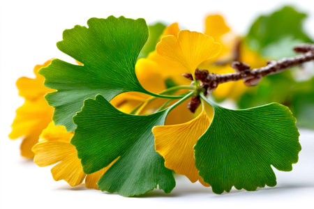 Ginkgo leaves showcasing seasonal color change from green to vibrant yellow on a branchの素材