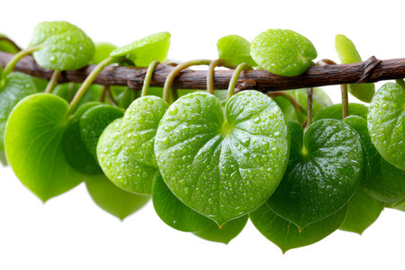 Fresh green leaves with water droplets hanging from a woody vine on a white backgroundの素材