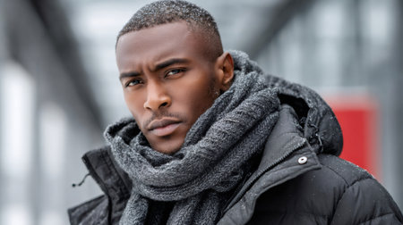 Black man bundled in winter clothing, snow falling on his head and shouldersの素材
