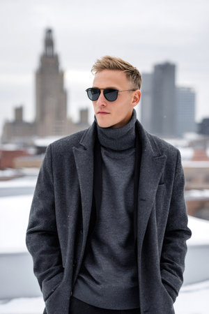 Young man wearing stylish winter apparel posing on snowy rooftop with city skylineの素材