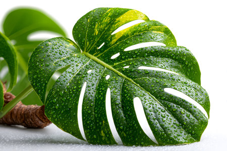 Green and yellow variegated monstera leaf showing freshness with water drops on a white backgroundの素材