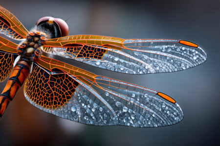 Dragonfly wings covered in dew drops, showing intricate patterns and colorsの素材