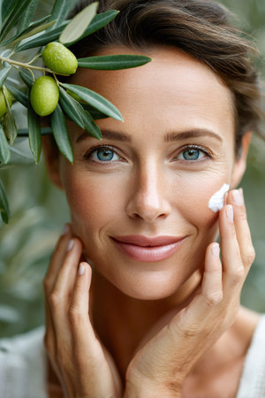 Woman applying beauty cream with olive branch framing her face, promoting natural skincareの素材