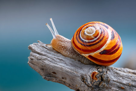 Snail with a vibrant striped shell slowly moving on a textured wooden branchの素材