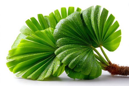 Fresh green tropical plant fronds with glistening water droplets on a white backgroundの素材