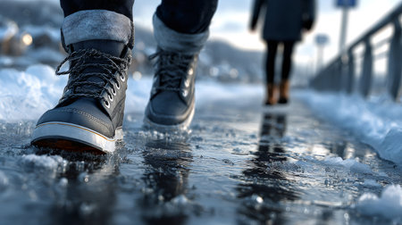 Person stepping carefully on a slick sidewalk covered in ice and slushの素材