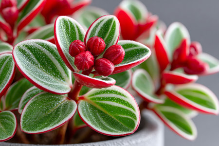 Peperomia plant showcasing red bracts and green variegated leaves with shimmering dewdropsの素材