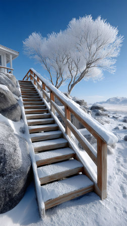 Wooden outdoor stairs covered with fresh snow leading up towards a frost covered tree under clear blue skyの素材