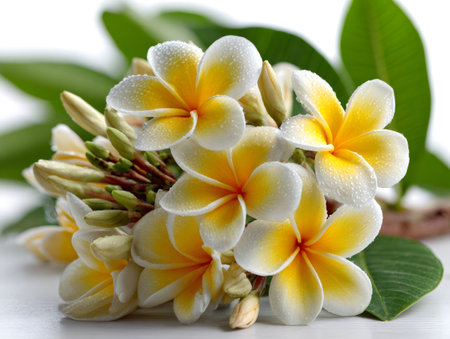 Fresh frangipani blossoms covered in dew drops on a white backgroundの素材