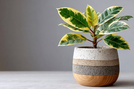 Variegated ficus elastica plant growing in a striped ceramic pot on a clean and simple surfaceの素材