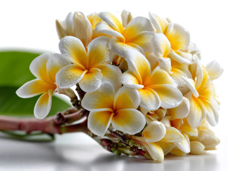 Plumeria blossoms with fresh water droplets on a white surface and green leafの素材