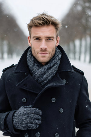 Young man wearing warm peacoat, scarf, and gloves outside during snowfallの素材