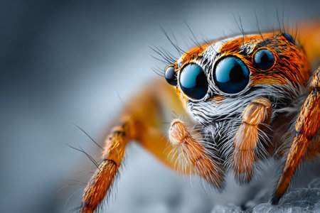 Jumping spider with large blue eyes and orange patterns, highlighting its unique arachnid featuresの素材