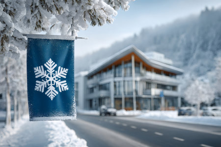 Snowflake banner frozen on a tree branch with a snowy street and building in the backgroundの素材