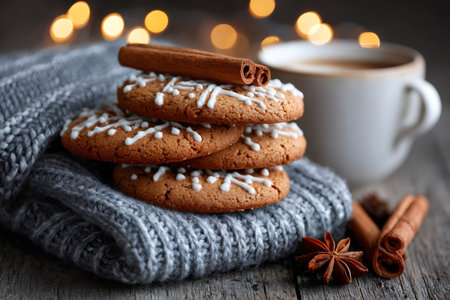 Gingerbread cookies with icing on a knitted sweater, cinnamon sticks, and a cup of coffeeの素材