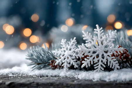 Snowflake decoration resting on a pine branch and pinecone on snow with blurred lightsの素材