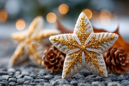 Knitted star decoration with golden glitter and pine cones arranged on a textured surfaceの素材