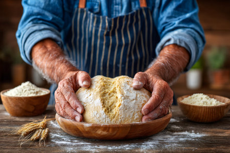 Old man's hands kneading fresh dough in a wooden bowl for artisan breadの素材
