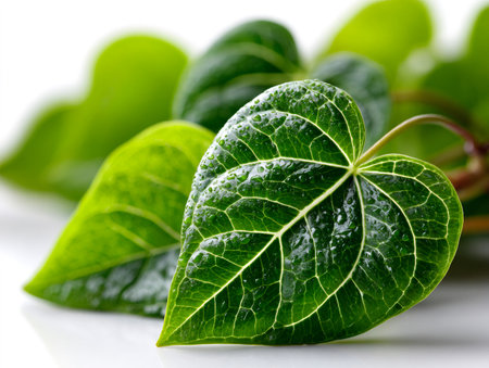 Green leaf with visible veins having fresh water drops on a white backgroundの素材
