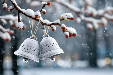 Two frosted silver bells hanging on a snow covered tree branch creating winter holiday cheerの素材