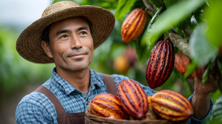 Man holding a basket filled with fresh cacao pods, preparing for chocolate productionの素材