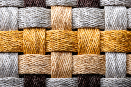 Woven threads creating a tightly interlocked pattern, showcasing texture and connectionの素材