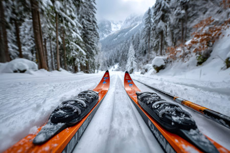 Skis resting on a groomed trail leading through a snow covered forest during winterの素材