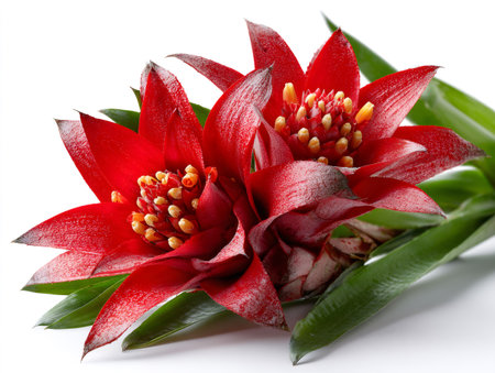 Red bromeliad flower blooming with vibrant red petals and green leaves against a white backgroundの素材