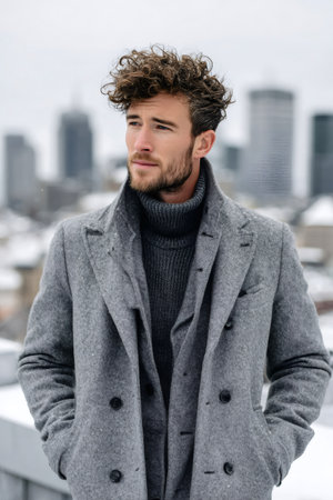 Young man wearing a warm turtleneck and coat, standing outdoors in a snowy cityの素材