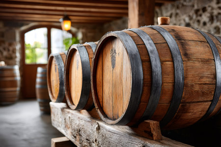 Oak barrels arranged in a row inside an old winery cellarの素材