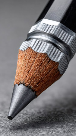 Pencil tip and wood casing macro with graphite lead resting on a textured surfaceの素材
