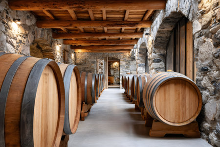Rows of oak wine barrels resting in a traditional stone winery cellar for maturationの素材