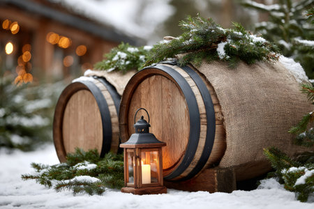 Rustic barrels and a lit lantern create a cozy outdoor winter decorationの素材
