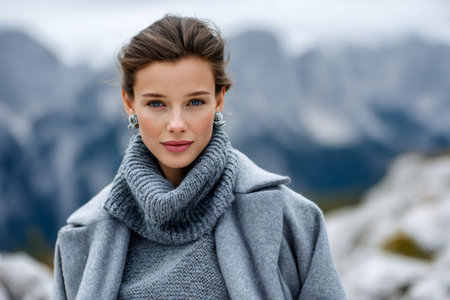Woman wearing warm winter clothing feeling serene outdoors with a mountain backdropの素材