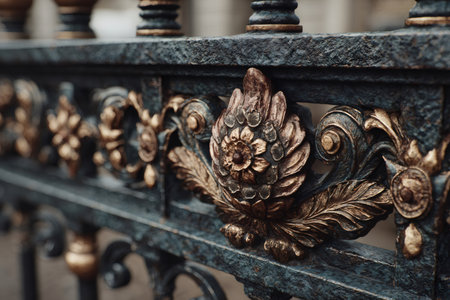 Wrought iron fence featuring intricate gold decorative details and floral patternsの素材
