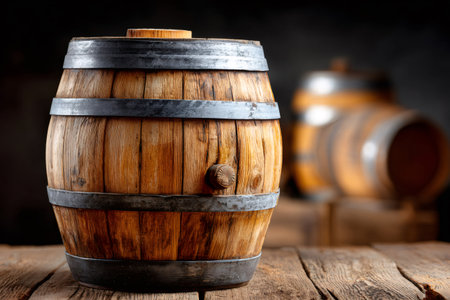 Wooden oak barrel sitting on a rustic wooden table, with tap and metal hoopsの素材