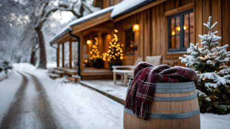 Chalet decorated with Christmas lights on a snowy winter day with a plaid blanketの素材