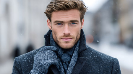 Young man wearing warm winter clothing, standing outdoors in falling snowの素材