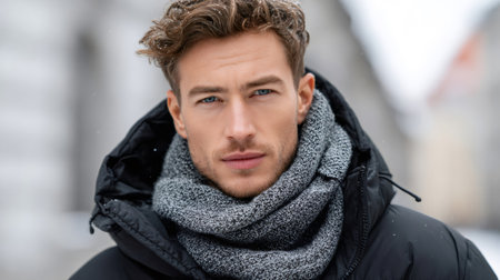 Man looking at camera, wearing warm jacket and knitted scarf in snowy weatherの素材