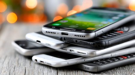 Stack of various electronics creating a concept of planned obsolescence and technological wasteの素材