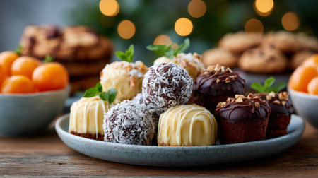 Platter featuring assorted chocolate truffles and mini cupcakes on a wooden table with festive lightsの素材