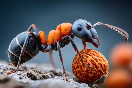 Ant carrying a large piece of food, demonstrating hard work and perseveranceの素材