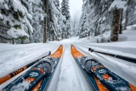 Skis and poles tracking through a pristine snow covered forest during winter activityの素材