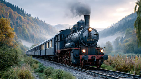 Vintage steam locomotive pulling passenger cars along a railway track in an autumn landscapeの素材