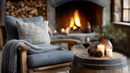 Empty armchair with blanket and pillows next to a glass of wine and candles by the fireplaceの素材