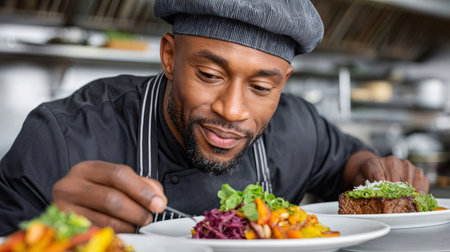 Male chef carefully arranging ingredients on dishes in a professional kitchenの素材