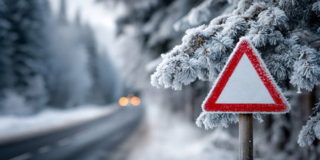 Warning sign covered in frost near a snowy road with blurred car lightsの素材